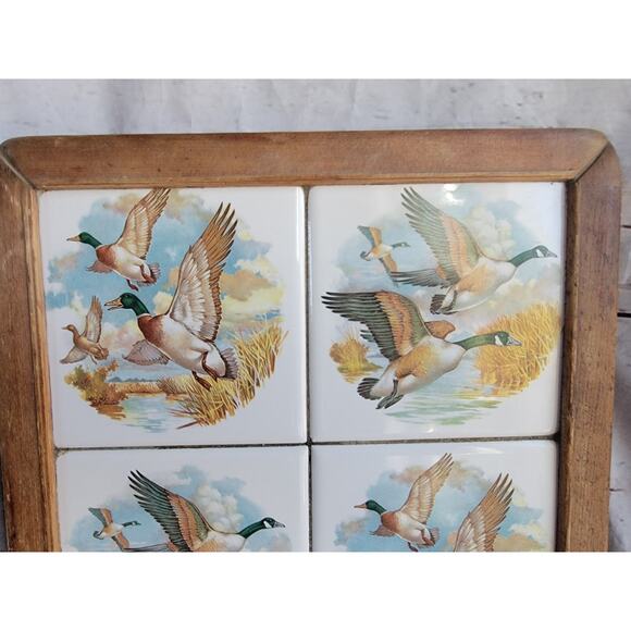 Vintage MCM Mallard Duck Flying on Pond Rustic Cabin Wall Art Tile Trivet 10x10 - Picture 3 of 13